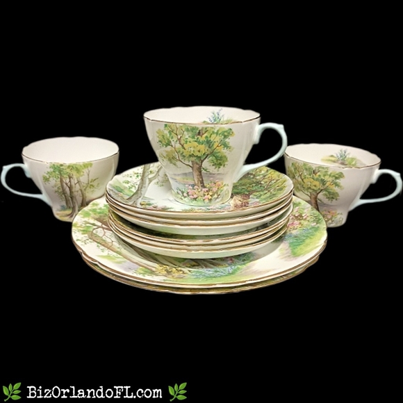 VINTAGE: Woodland by Shelley Tea Set (3 Teacups, 5 Saucers, 2 Salad Plates) RARE - Picture 1 of 16